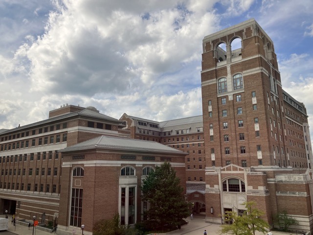 Brick university building and courtyard